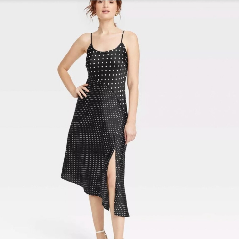 Asymmetrical Midi Slip Dress - A New Day Black Polka Dots
